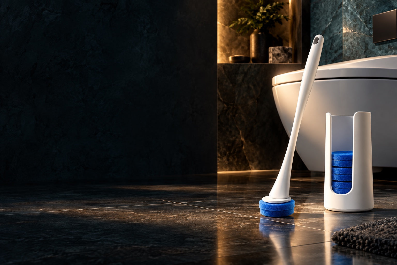 Illustration of a handled scrubber and blue replacement pads beside a toilet